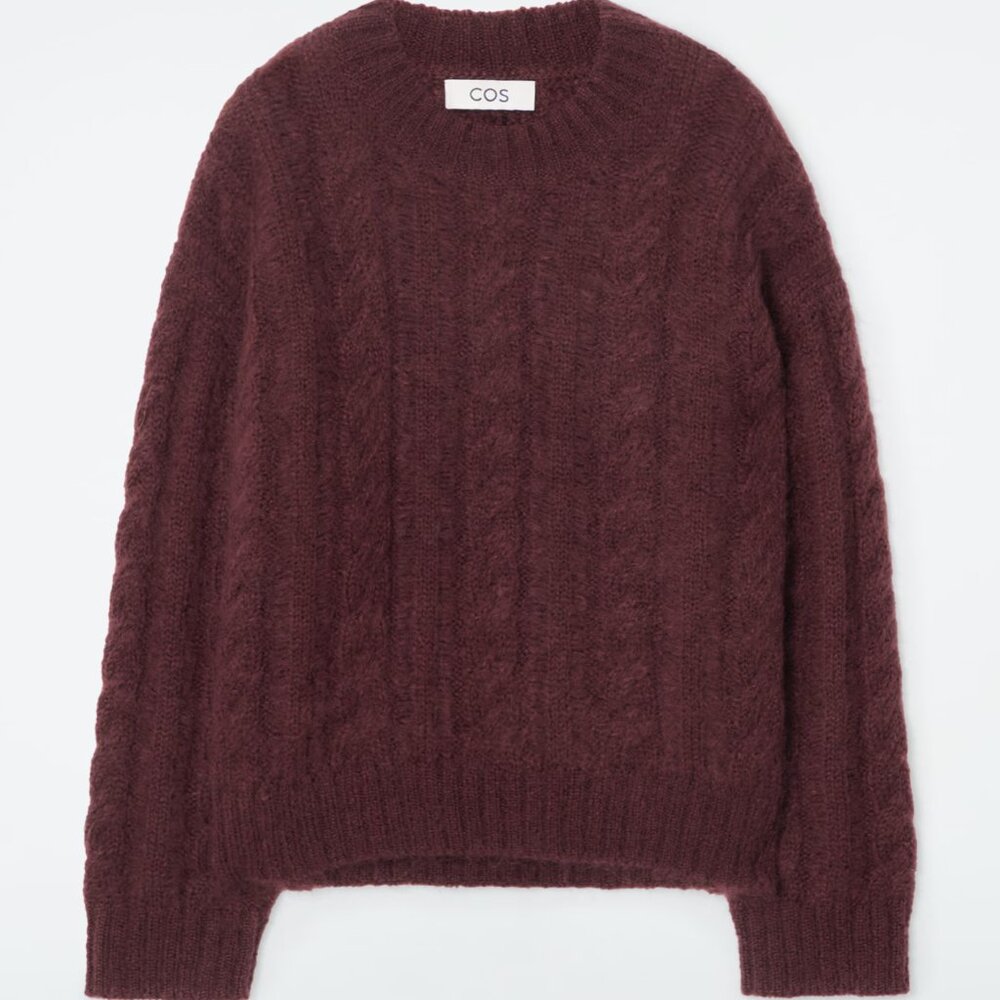 NEW Oversized COS Mohair & Wool Mix Fuzzy Cable knit Maroon Sweater sz Medium